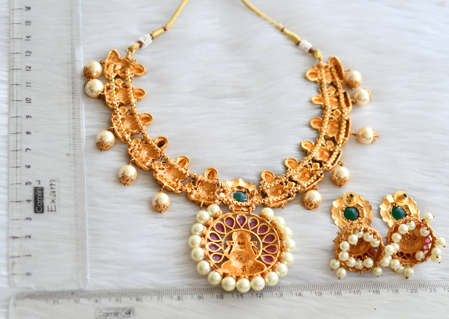 Matte finish ruby-green bridal lakshmi necklace set dj-09233