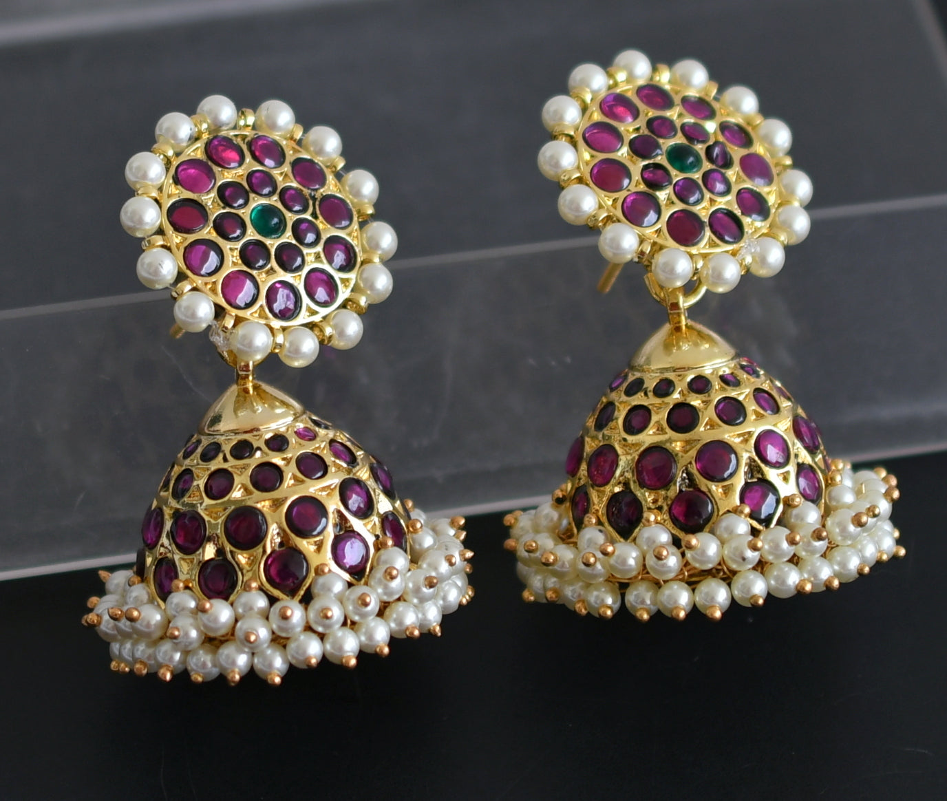 Gold tone precious kemp-green pearl jhumkka dj-50998