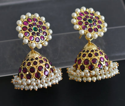 Gold tone precious kemp-green pearl jhumkka dj-50998