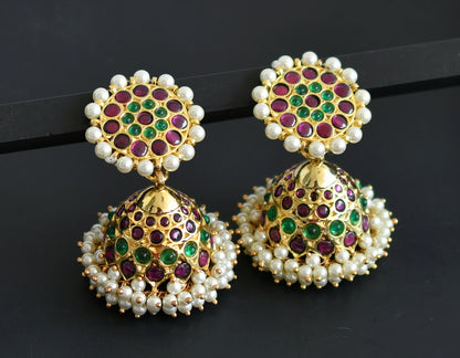 Gold tone precious kemp-green pearl jhumkka dj-50997