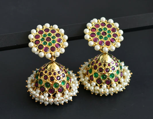 Gold tone precious kemp-green pearl jhumkka dj-50997