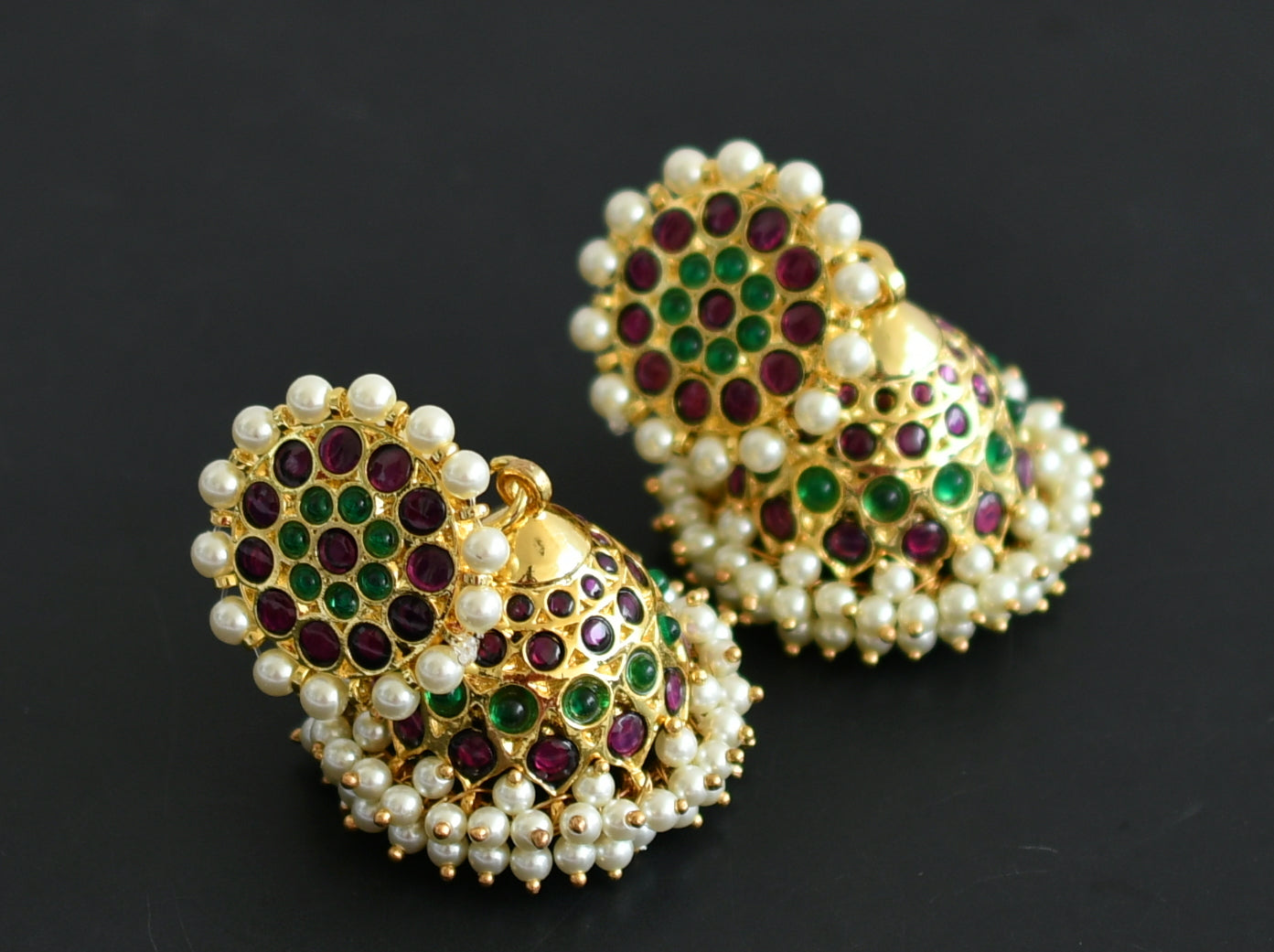 Gold tone precious kemp-green pearl jhumkka dj-50997
