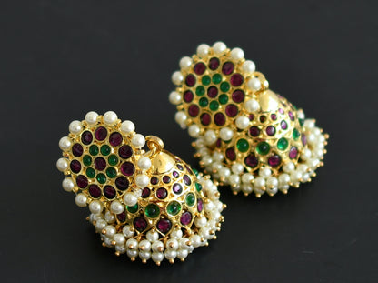 Gold tone precious kemp-green pearl jhumkka dj-50997