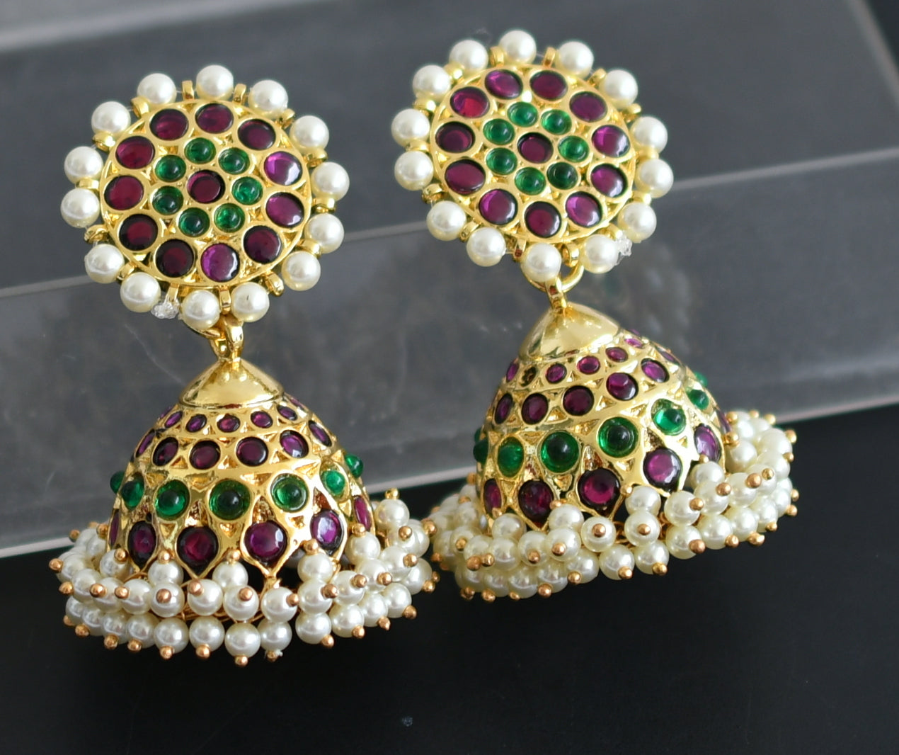Gold tone precious kemp-green pearl jhumkka dj-50997