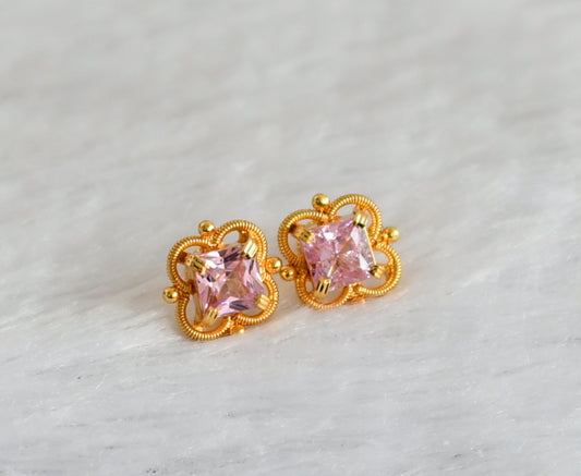 Gold tone baby pink block stone earrings dj-47250