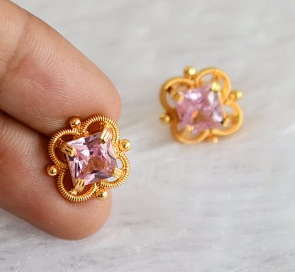 Gold tone baby pink block stone earrings dj-47250