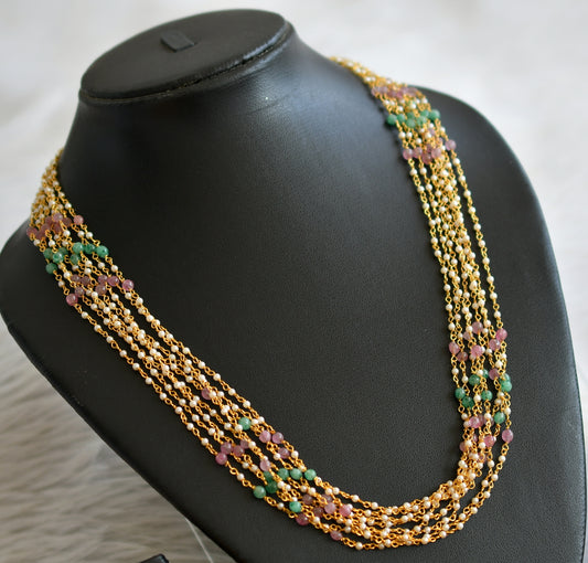 Gold tone 18 inches pink-green multi layer pearl chain dj-45555