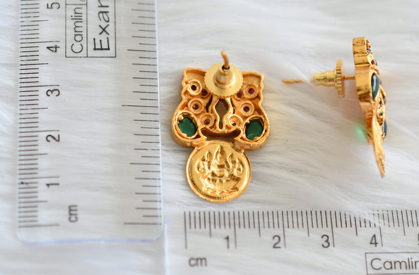 Matte finish kemp-green-white lakshmi coin peacock earrings dj-43867