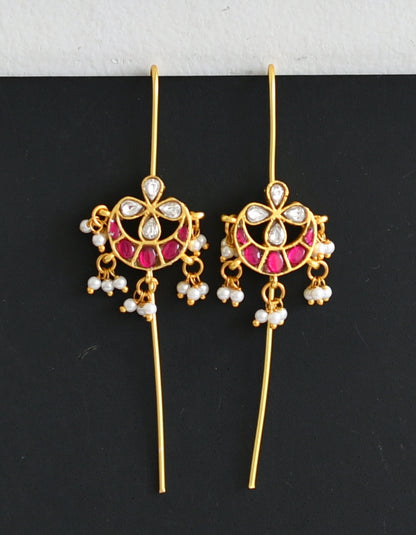Gold tone pink-white kundan jadau moon flower bugadi earrings dj-51021