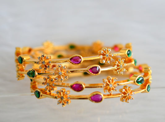 Gold tone kemp-green-white flower set of 4 bangles(2.4) dj-43895