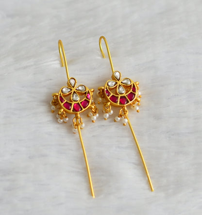 Gold tone pink-white kundan jadau moon flower bugadi earrings dj-51021