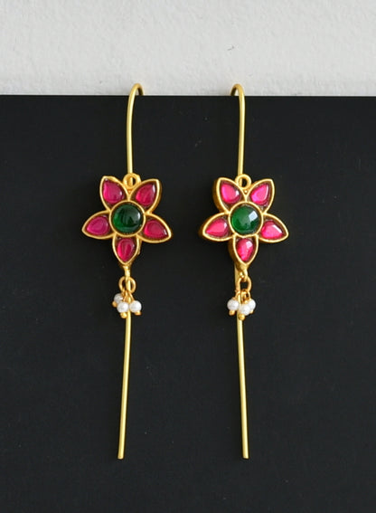 Gold tone pink-green kundan jadau flower bugadi earrings dj-51020