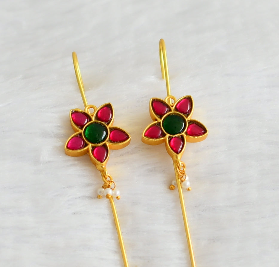 Gold tone pink-green kundan jadau flower bugadi earrings dj-51020