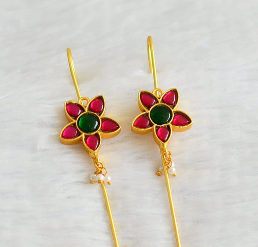 Gold tone pink-green kundan jadau flower bugadi earrings dj-51020