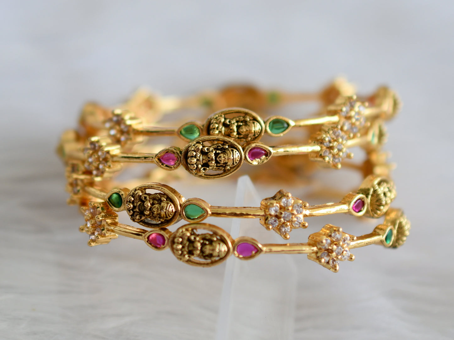 Antique gold tone kemp-green-white lakshmi set of 4 bangles(2.6) dj-43893