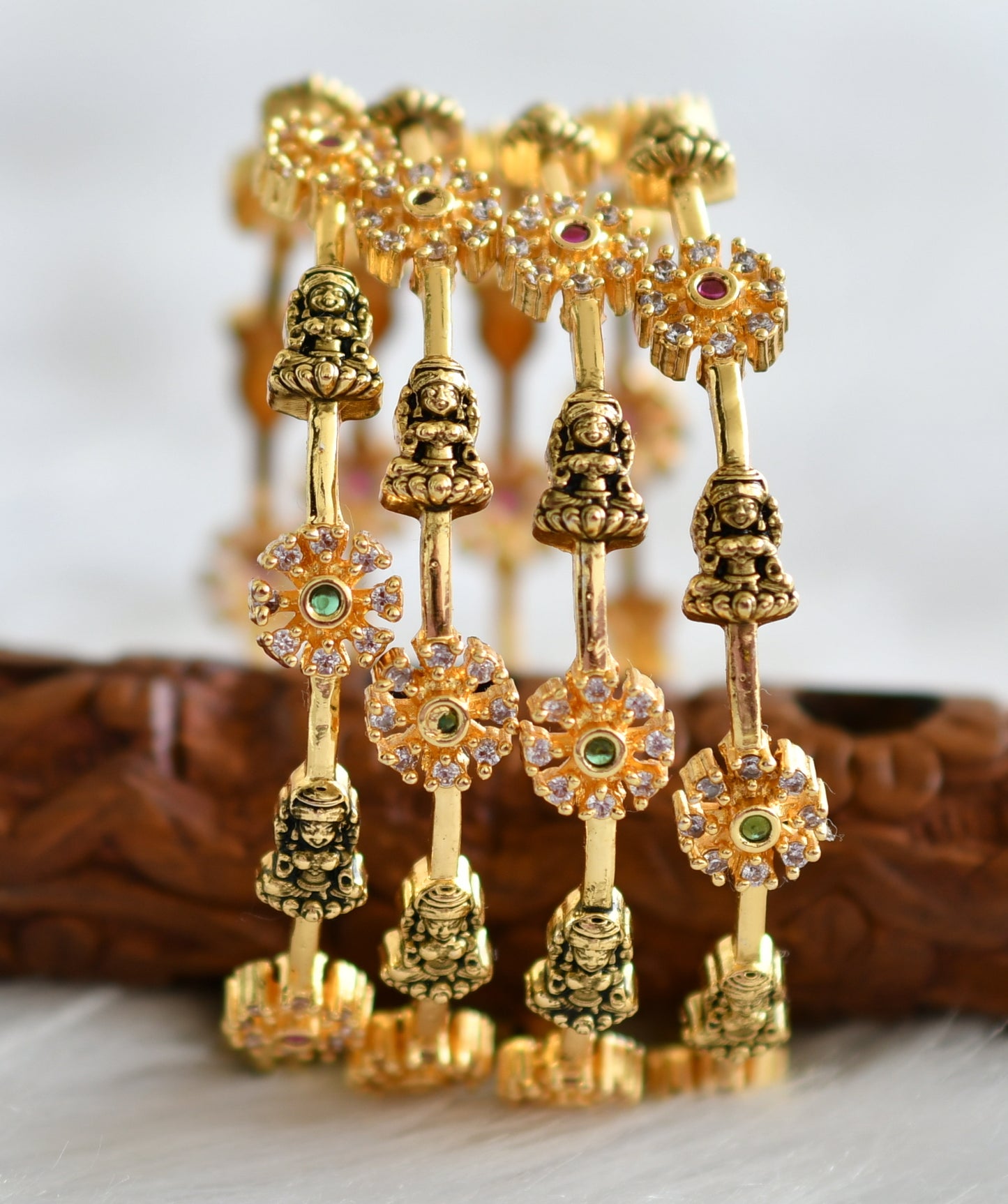 Antique gold tone cz ruby-green-white lakshmi flower set of 4 bangles(2.8) dj-43891