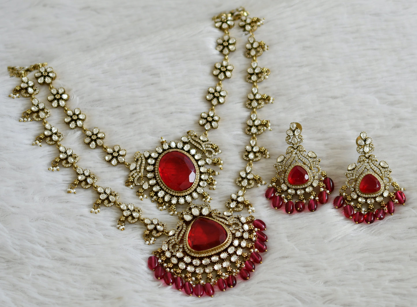 Antique cz white red double layer flower victorian rani short haar set dj-49060