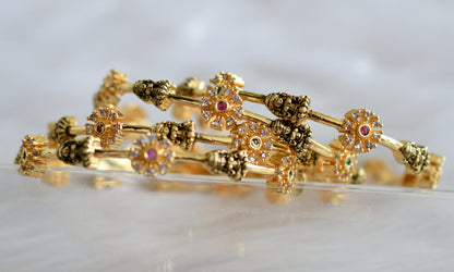 Antique gold tone cz ruby-green-white lakshmi flower set of 4 bangles(2.4) dj-43889