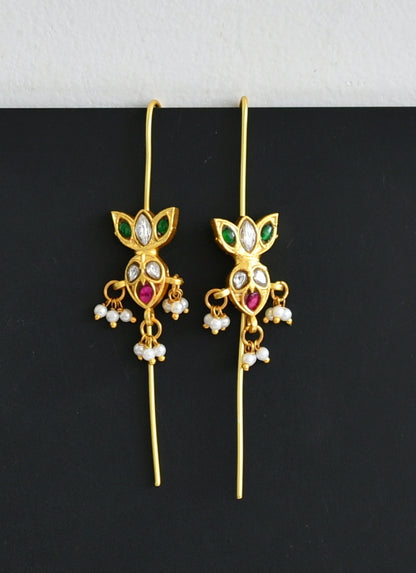 Gold tone pink-green-white kundan jadau lotus bugadi earrings dj-51019