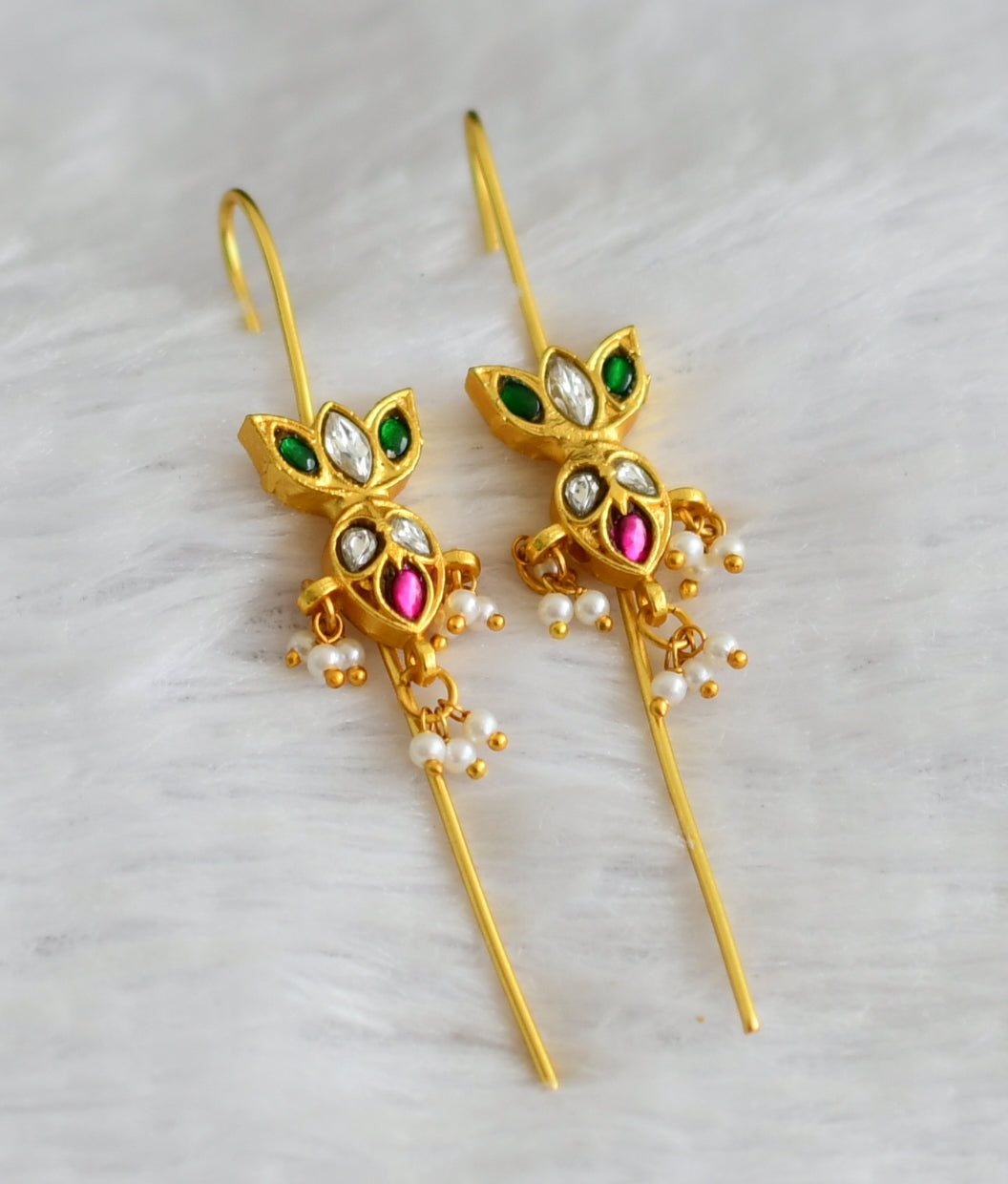 Gold tone pink-green-white kundan jadau lotus bugadi earrings dj-51019