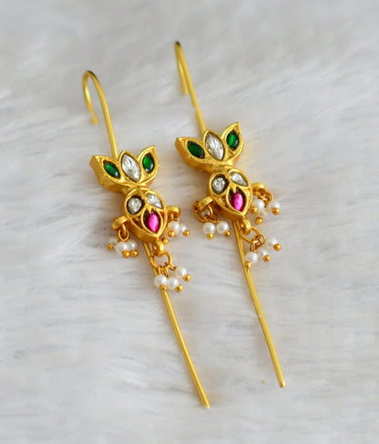Gold tone pink-green-white kundan jadau lotus bugadi earrings dj-51019