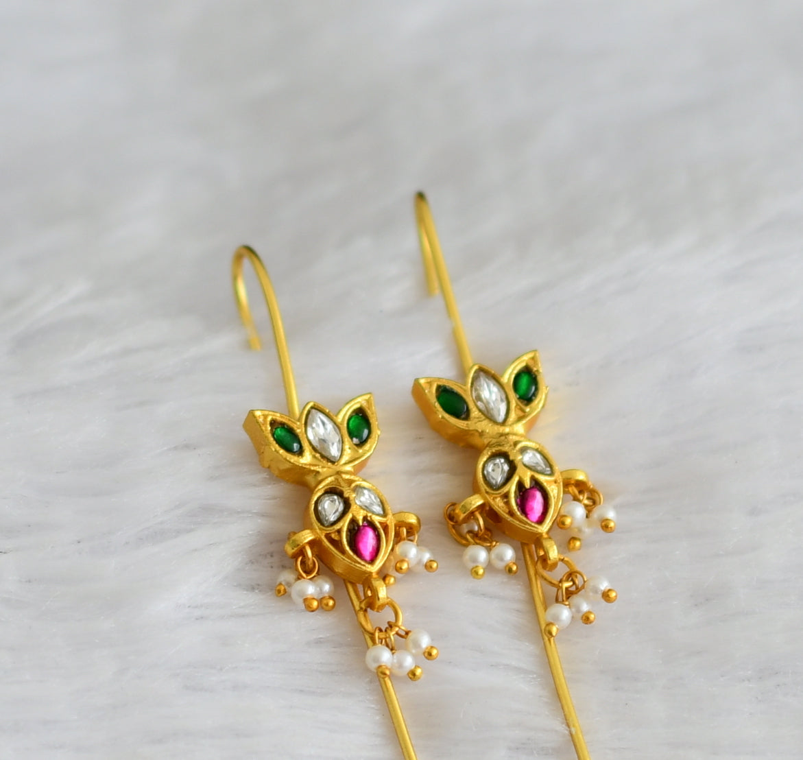 Gold tone pink-green-white kundan jadau lotus bugadi earrings dj-51019