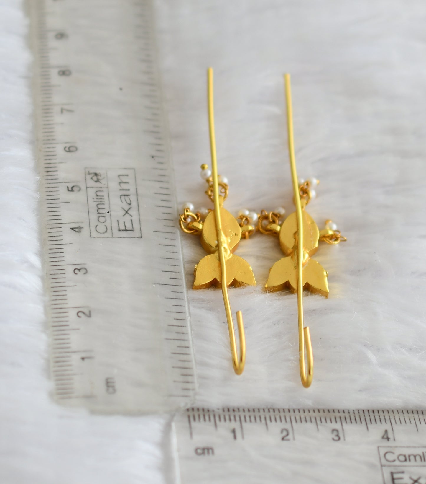 Gold tone pink-green-white kundan jadau lotus bugadi earrings dj-51019