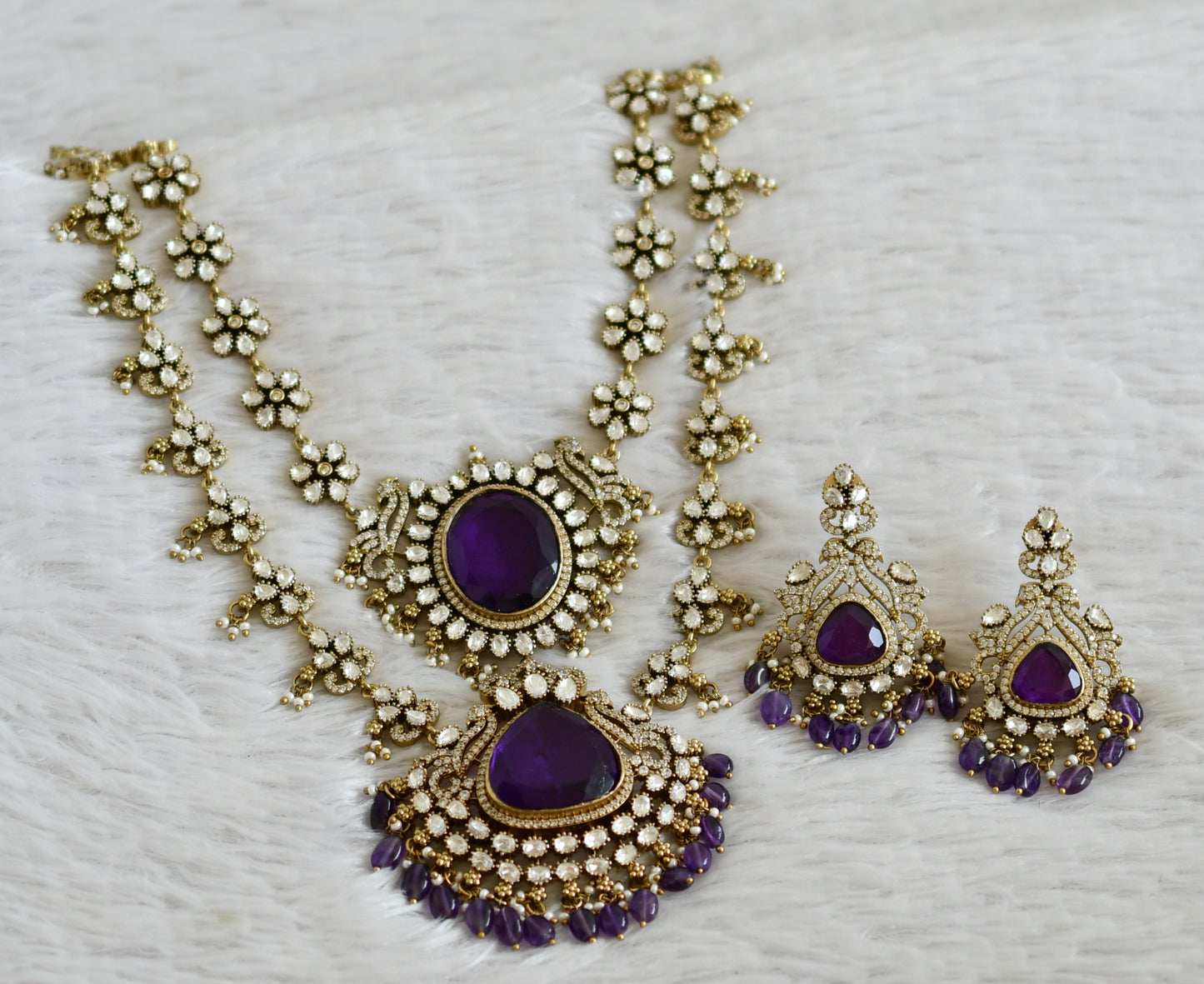 Antique cz white-purple double layer flower victorian rani short haar set dj-49061