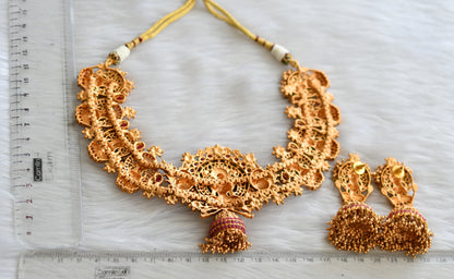 Matte finish gold cluster ruby big lakshmi necklace set dj-34237