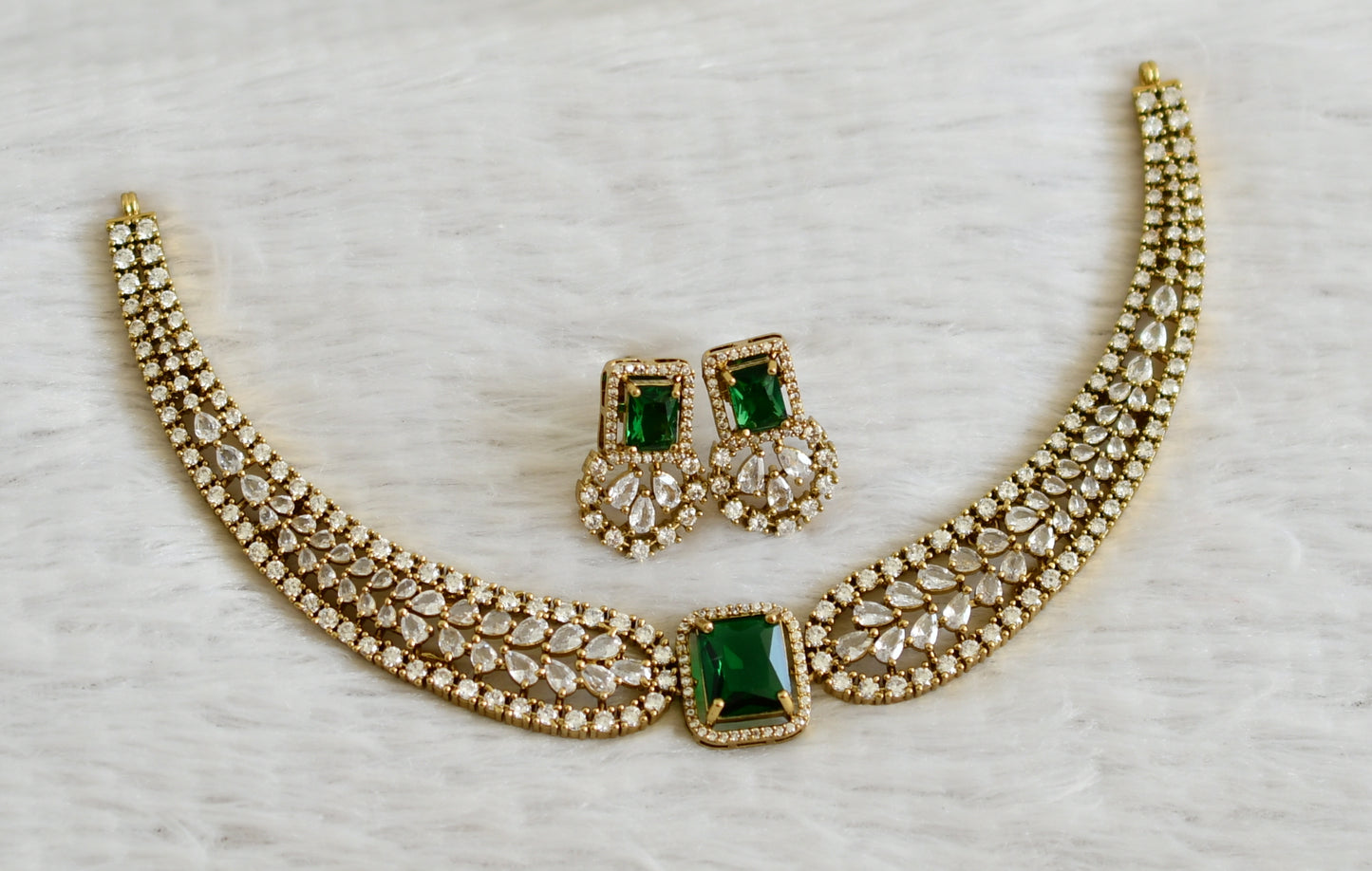 Antique cz white-green block stone victorian necklace set dj-49056