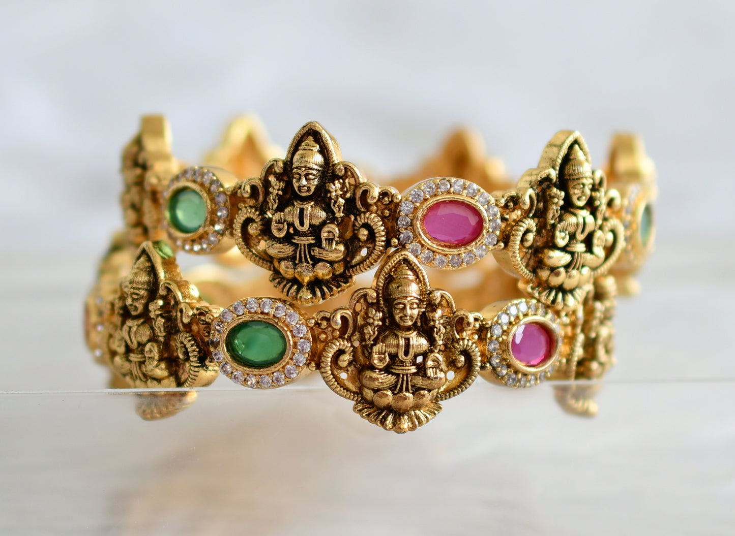 Antique gold tone cz ruby-green-white lakshmi bangles (2.8) dj-43884