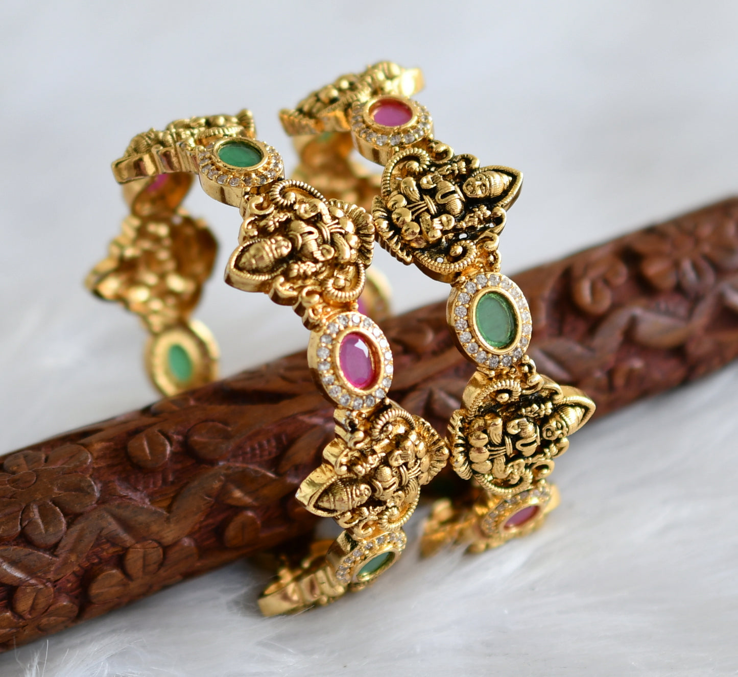 Antique gold tone cz ruby-green-white lakshmi bangles (2.8) dj-43884