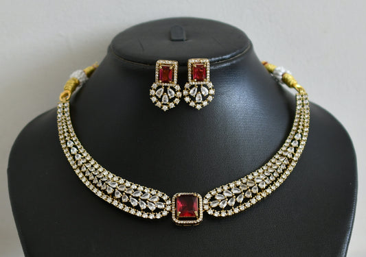 Antique cz white-magenta pink block stone victorian necklace set dj-49057