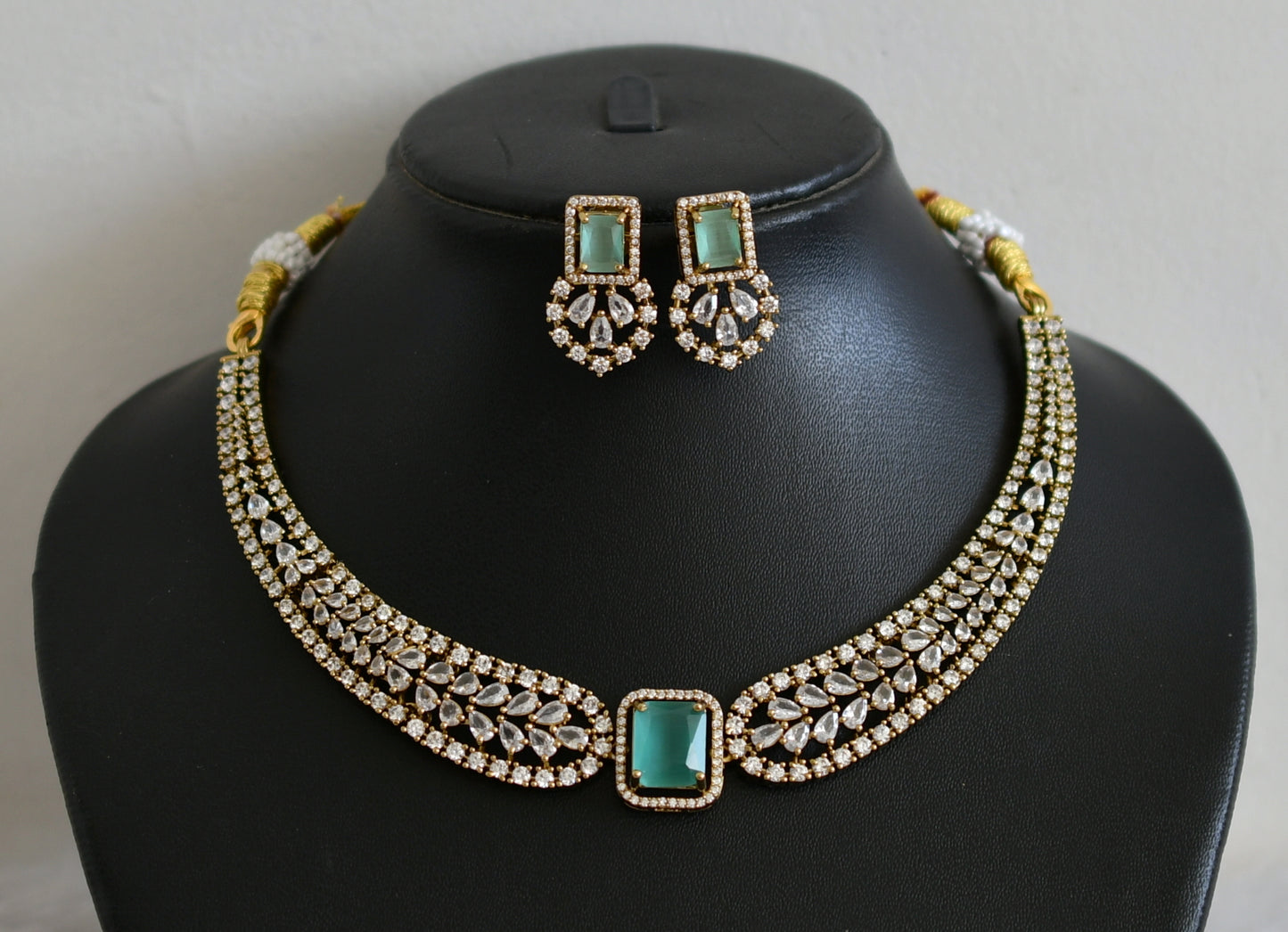 Antique cz white-sea green block stone victorian necklace set dj-49058