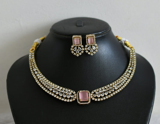 Antique cz white-baby pink block stone victorian necklace set dj-49059