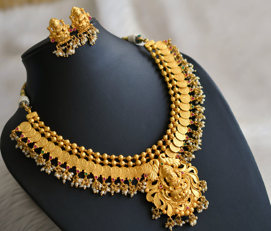 Gold tone ruby-emerald lakshmi coin necklace set dj-12245