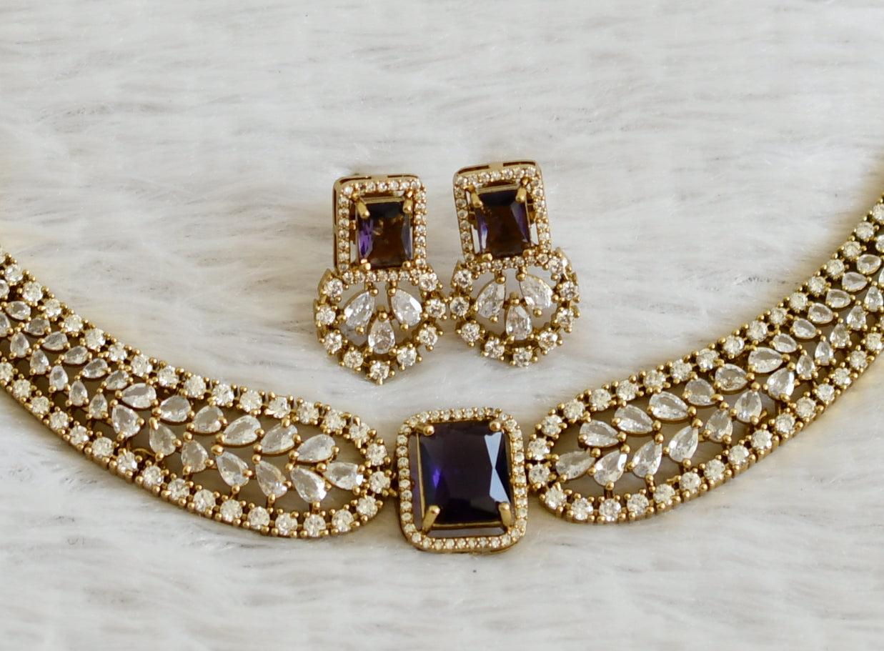 Antique cz white-purple block stone victorian necklace set dj-49055