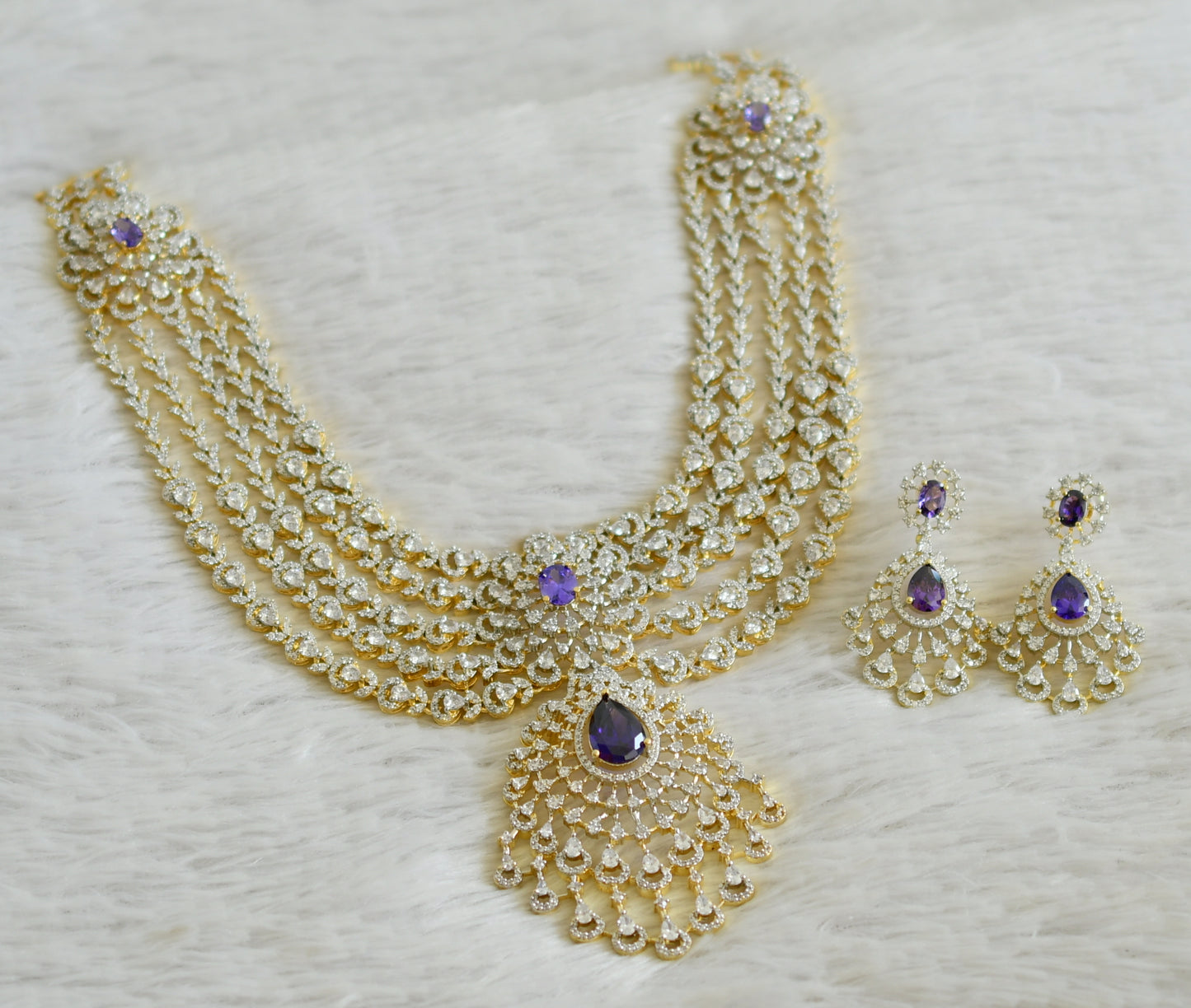 Two tone cz purple multi layer flower bridal short haar set dj-49054