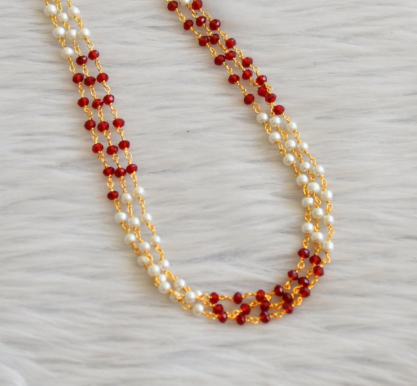 Gold tone 18 inches red-pearl beaded chain dj-45562