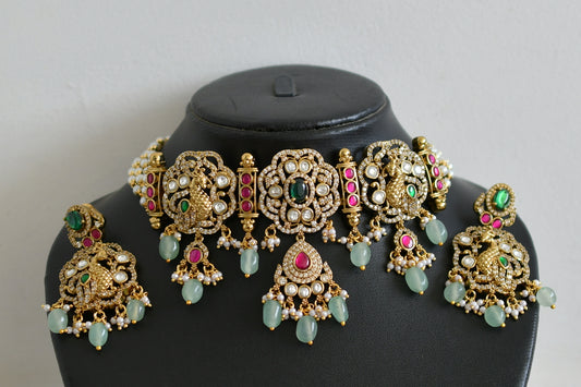 Antique gold tone cz pink-green kundan jadau peacock pearl choker necklace set dj-49065