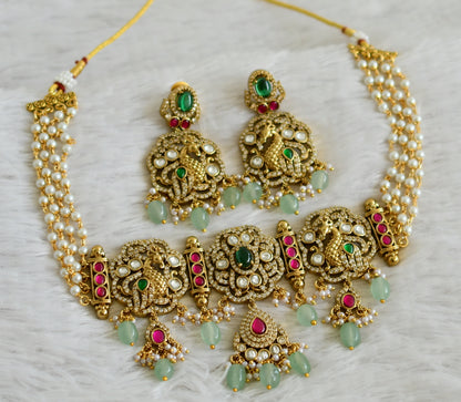 Antique gold tone cz pink-green kundan jadau peacock pearl choker necklace set dj-49065