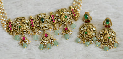 Antique gold tone cz pink-green kundan jadau peacock pearl choker necklace set dj-49065