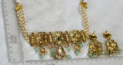 Antique gold tone cz pink-green kundan jadau peacock pearl choker necklace set dj-49065