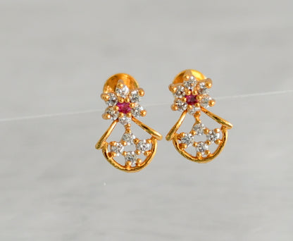 Gold tone cz white-ruby flower small earrings dj-47299