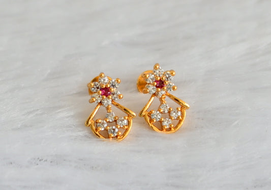 Gold tone cz white-ruby flower small earrings dj-47299