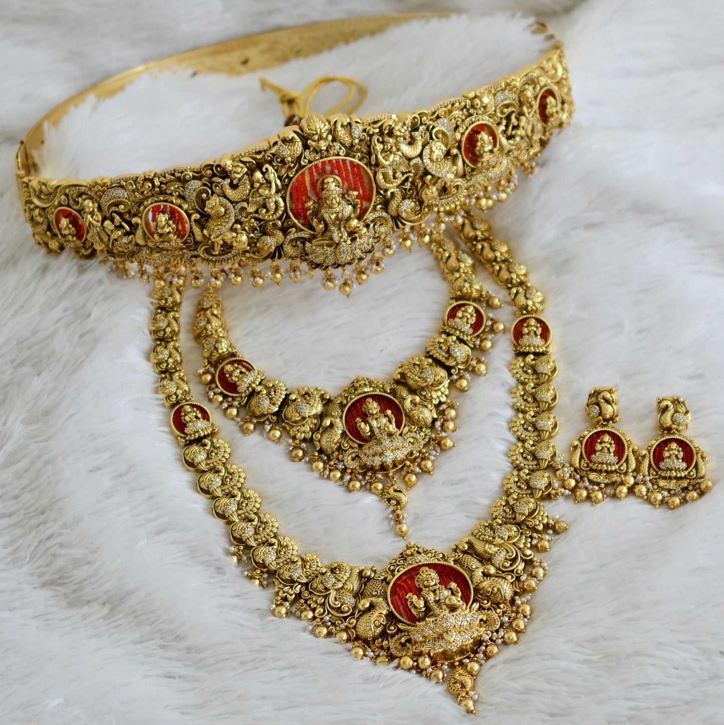 Antique gold tone cz white stone red bead lakshmi peacock bridal set dj-49067