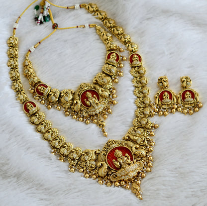 Antique gold tone cz white stone red bead lakshmi peacock bridal set dj-49067