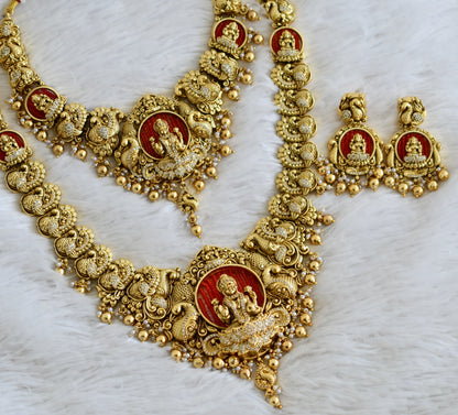 Antique gold tone cz white stone red bead lakshmi peacock bridal set dj-49067