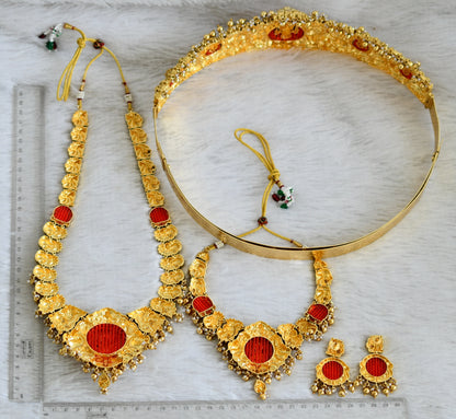 Antique gold tone cz white stone red bead lakshmi peacock bridal set dj-49067