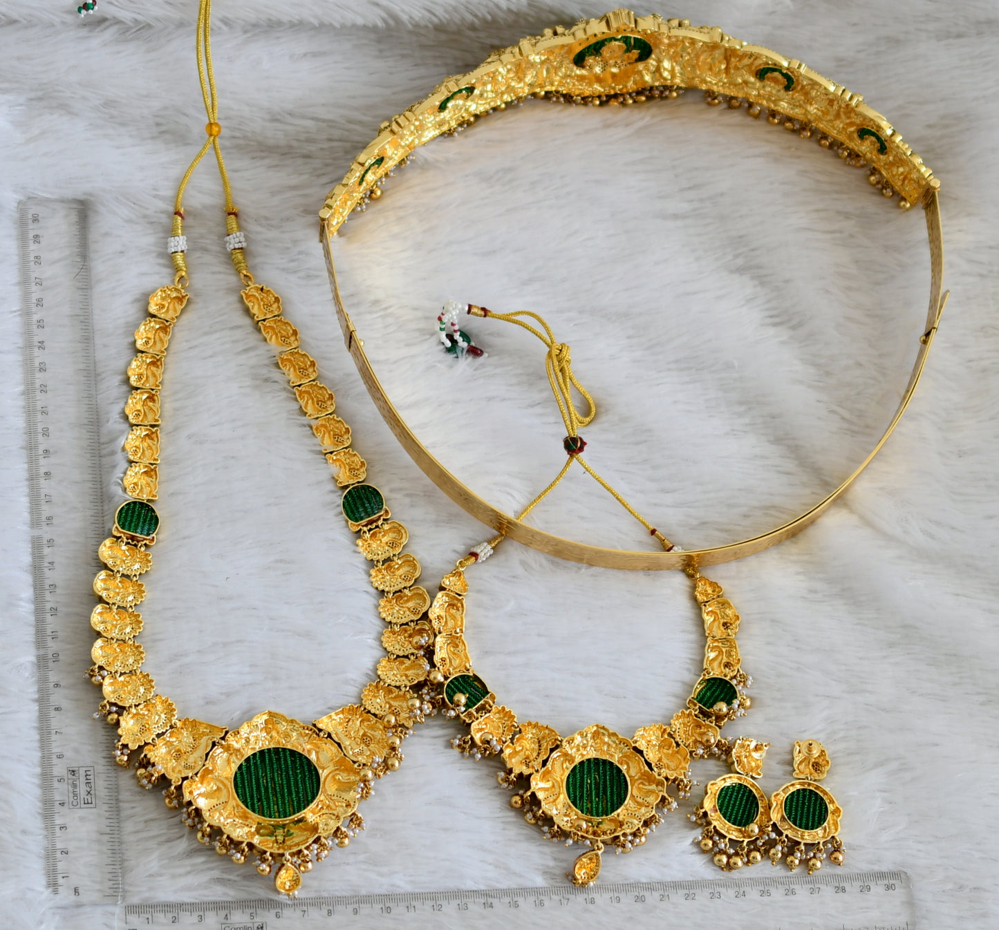 Antique gold tone cz white stone green bead lakshmi peacock bridal set dj-49066